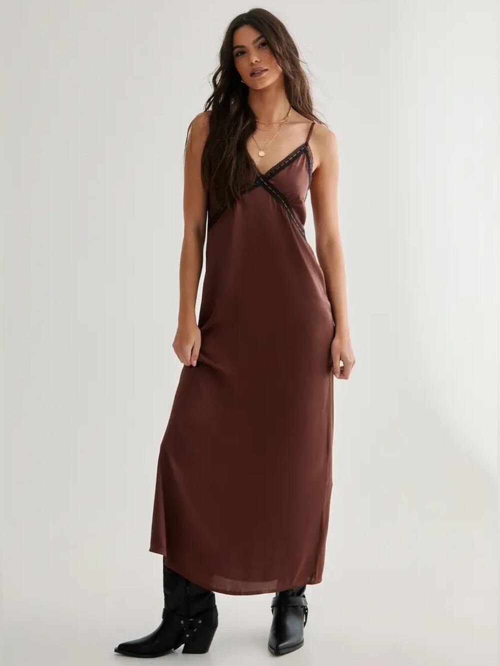 Satin Ribbon Lace Trim Maxi Slip Dress NWT